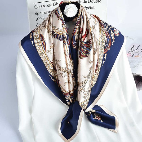 

100% natural silk square scarf for women print bufanda mujer real silk headscarf large pure silk bandana foulard femme 88x88cm q0828, Blue;gray