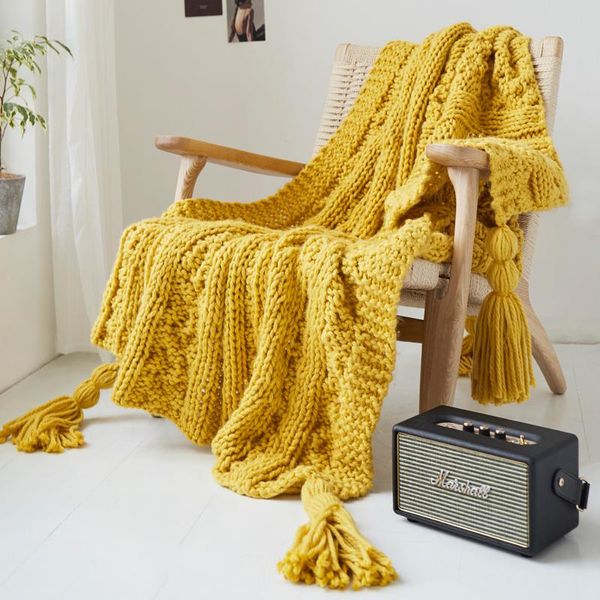 

blankets handmade blanket knit throw tassels fringe travel 130x160cm home sofa chair couch bed 50"x62" yellow pink