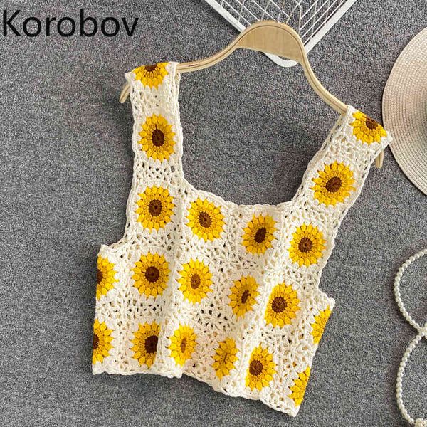 

korobov summer slim spaghetti strap korean flower hollow out tank korean boho beach style women vest 210430, White