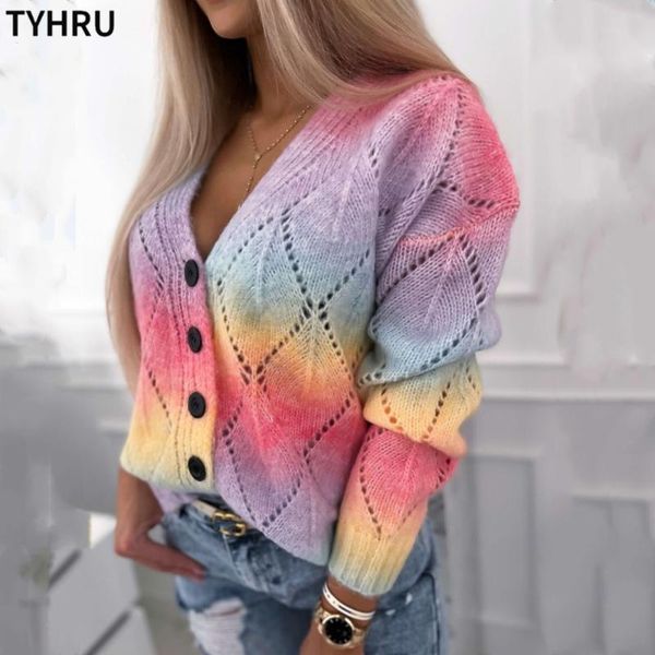 

women's knits & tees tyhru rainbow knitted cardigan sweater female sweet single-breasted cutout sweaters long sleeve candy casual cardi, White