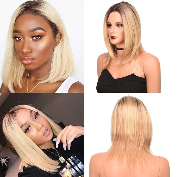 

synthetic wigs ombre blonde short straight fashion hair bob cut for black women daily cosplay heat resistant