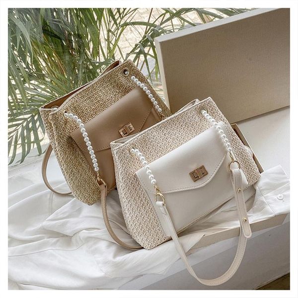 

evening bags straw weaving large crossbody bag 2021 summer women's pearl chain leather designer handbag high capacity shoulder messenge