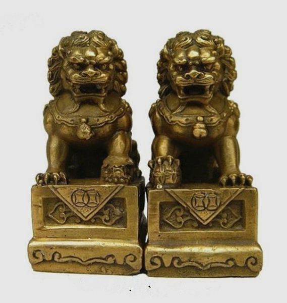 

moehomes pair of china chinese brass folk fengshui foo fu dog guardion door lion statues decoration metal handicraft, Black;brown