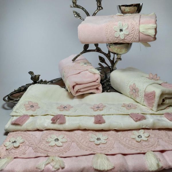 

towel soft luxury exclusive from turkey lace hand face embroidered bath jacquard set 6 pcs 50x90 cm 100% cotton home gift