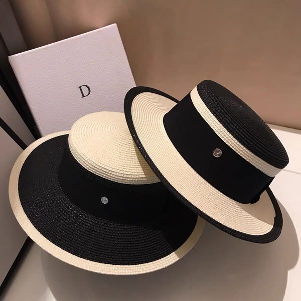 

hepburn black and white wide brim sunshade straw female summer sunscreen beach hat usa versatile flat hat, Black;white