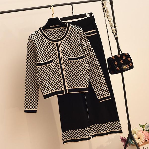 

women's two piece pants autumn winter tracksuit women 2 set plaid sweater cardigan coat + wide leg pant suits casual knitted sets, White
