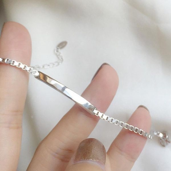 

link, chain silver color smooth rectangle box charm bracelet fashion vintage for women men jewelry gifts, Black