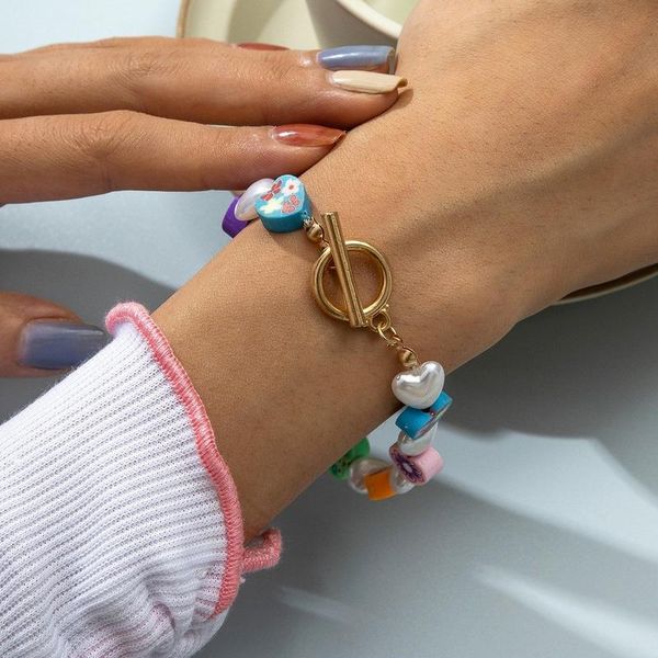 

link, chain women bracelet heart soft pottery bracelets woman artificial pearl beaded bangles splicing kawaii gold color kpop pulseras, Black
