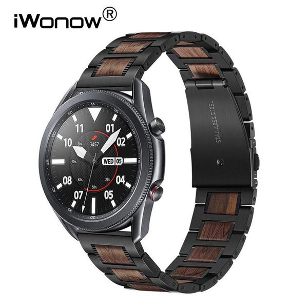 

watch bands stainless steel & nature wood band for samsung galaxy watch3 45mm 41mm / 46mm 42mm gear s3 active 2 watchband strap, Black;brown