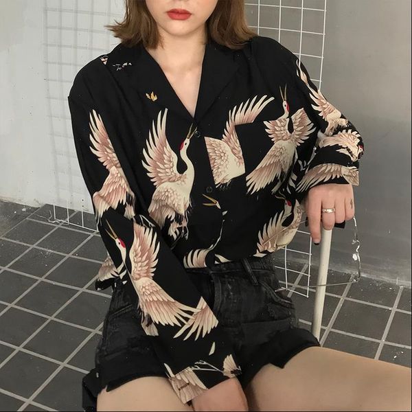 

autumn spring harajuku crane women shirts print long sleeve streetwear, White