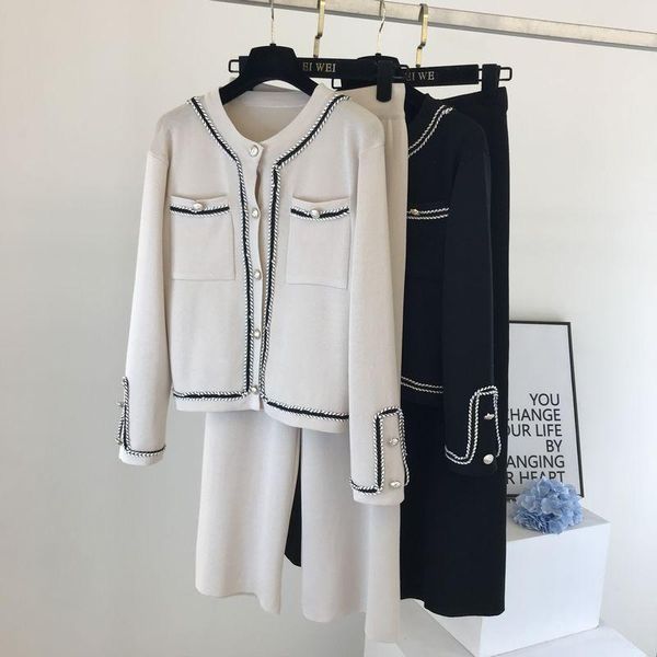 

women's two piece pants 2021 autumn korean color block round neck double pocket knit cardigan + loose wide leg two-piece set women, White