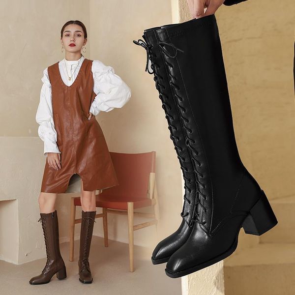 

boots genuine leather stretch women fashion chunky heel knee woman zip cross-strap mairtin black brown size 33