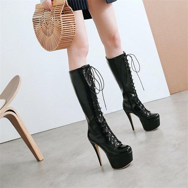 

boots autumn and winter high heel medium lace up pu women's large, Black