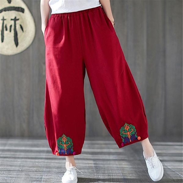 

women's pants & capris women vintage embroidered cropped ethnic embroidery cotton linen loose straight sarouel pantalon femme, Black;white