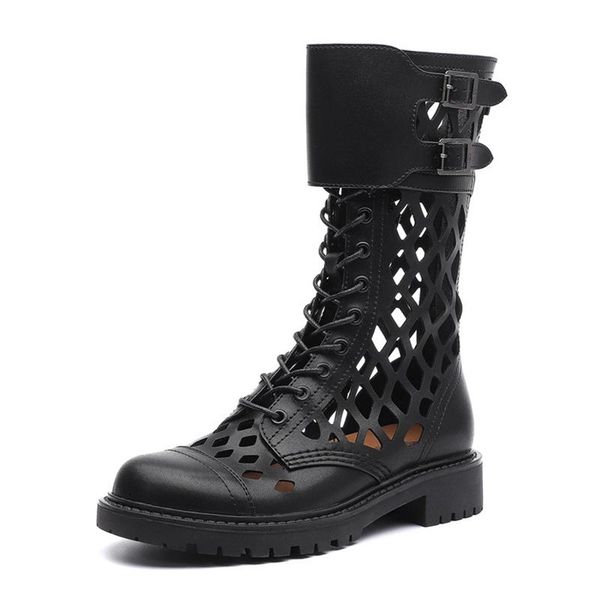 

boots summer shoes for women's platform female booties woman 2021 chunky heels flat mid calf ladies fashion, Black