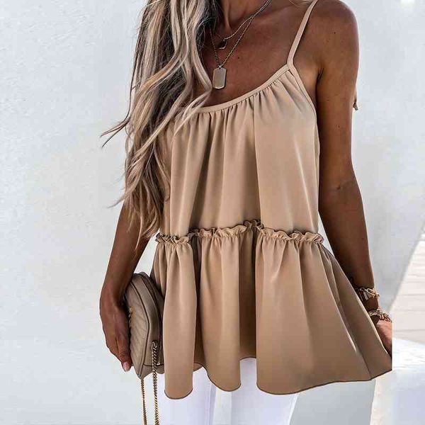 

women's knits & tees spaghetti strap loose blouses summer women solid color ruffled camisoles lace-up casual black white slee