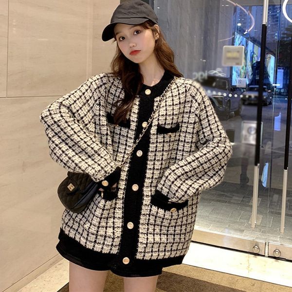 

women's knits & tees knitted plaid sweater cardigan o-neck single breasted pocket female cardigans winter sweet korean vintage la, White