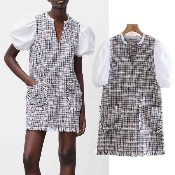 

casual dresses 2021 fashion women stitching print dress v-neck mini short sleeve slim tassel pocket decor es tbz4, Black;gray