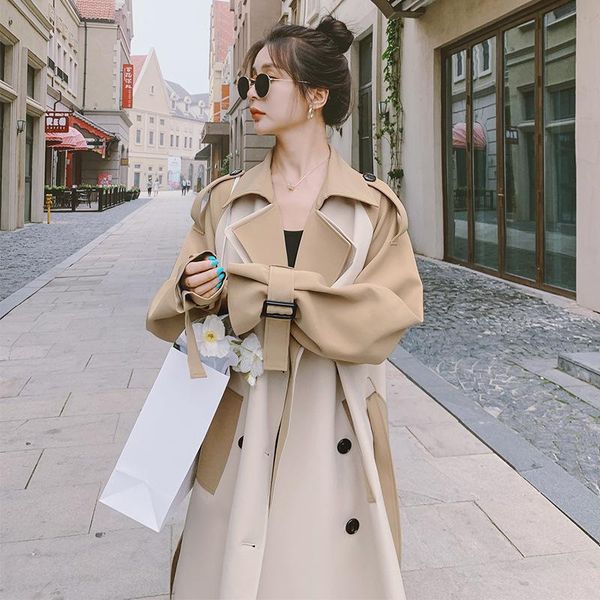 

women's trench coats classic 2021 patchwork long women coat causal full sleeve belted, Tan;black
