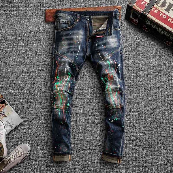 

men's jeans american streetwear fashion men elastic slim fit retro dark blue painted designer denim trousers biker pa