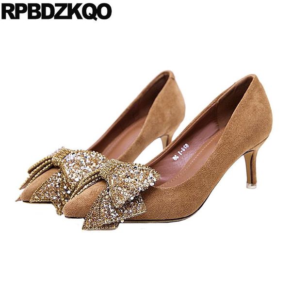 

dress shoes pumps slingback sparkling high heels pointed toe crystal women 2021 thick diamond thin bow suede ladies rhinestone quality, Black