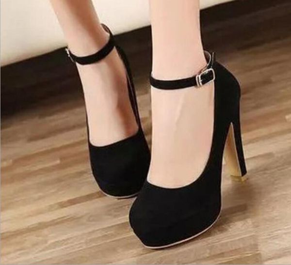

autumn women's single shoes black round head high heels thick shallow mouth suede waterproof platform work red blue dress