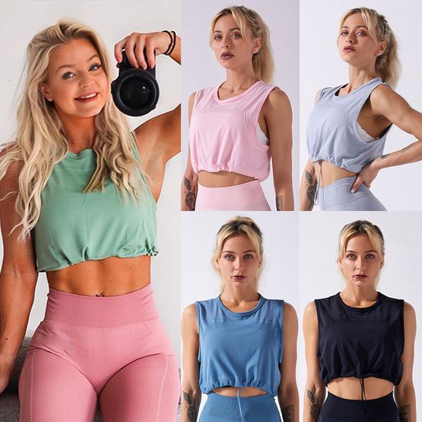 

seamless yoga suit 2021 solid color sleeveless drawstring for women, Gray