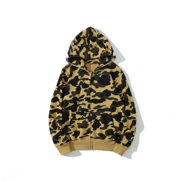 

yellow camo shark hoodie m long sleeve full zipper jacket for men, Black