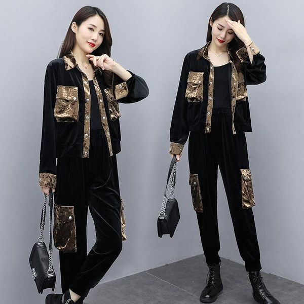 

women's tracksuits women autumn velet 2 two pieces set outfits turn down collar long sleeve sweatshirts with pockets pants, Gray