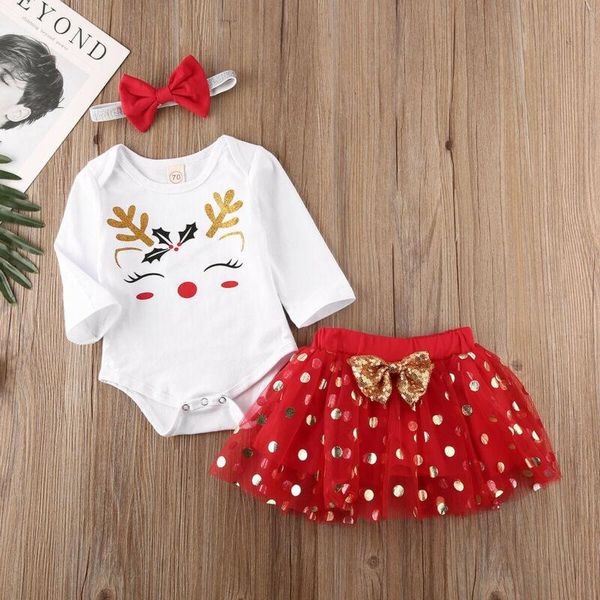 

3pcs christmas born baby girls clothes sets cartoon print romper lace tutu skirt headband cute outfits 2021 clothing, White