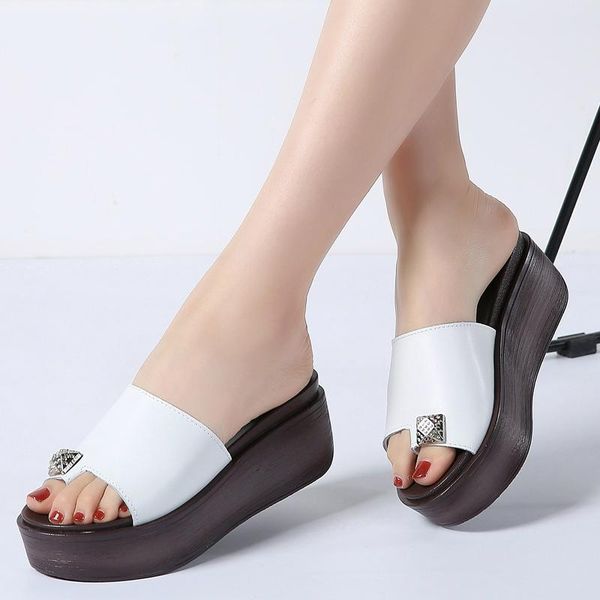 

slippers stq 2021 summer women genuine leather thick soled flip flops shoes wedges black white slides sandals s66