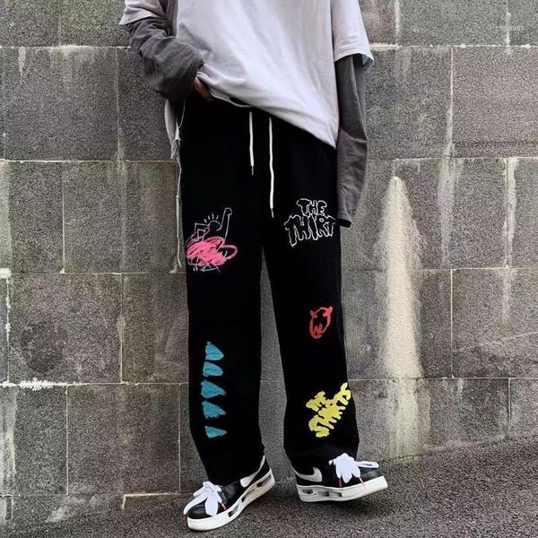 

men's pants 2021 summer autumn casual male woman long trousers cowboy female loose streetwear graffiti print pants1, Black