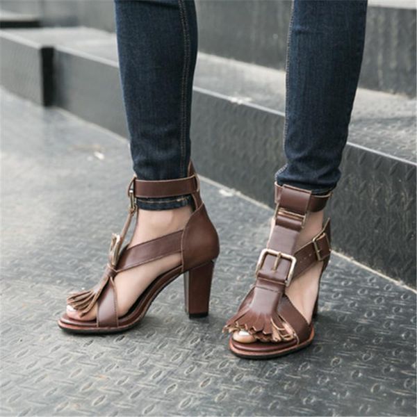 

women gladiator sandals genuine leather fringed summer sandal 8cm chunky high heels straps ladies prom dress shoes, Black