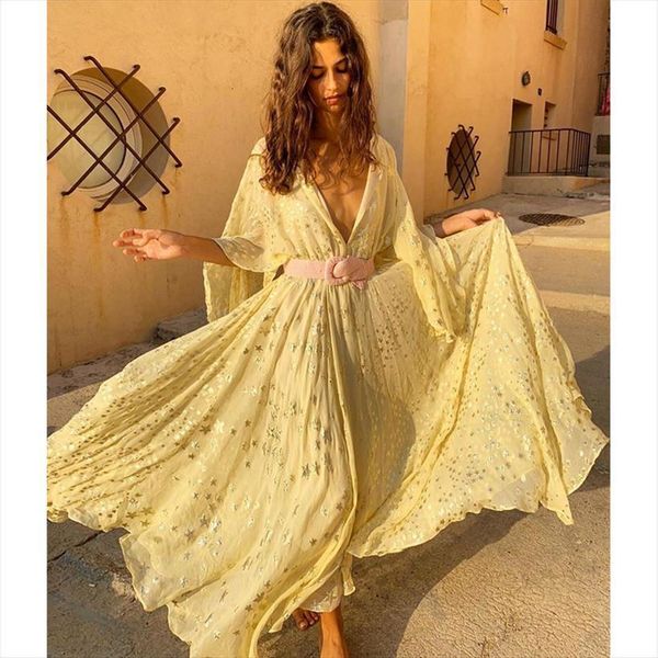 

bohemian chiffon long sundress womens dresses casual deep v neck yellow summer dress for a line boho maxi beach style, Black;gray