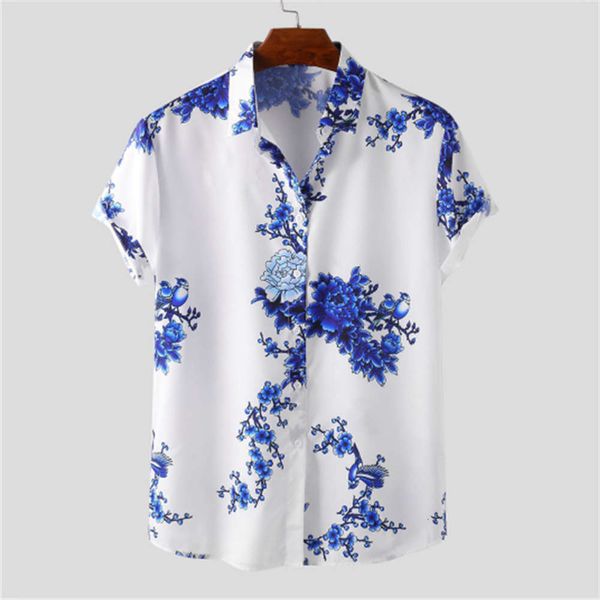 

shirtssummer loose shirt trend lapel youth men's printed short sleeve casual hawaiian shirt, White;black