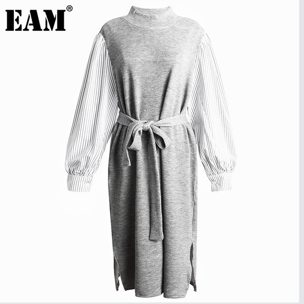 

[eam] women black striped big size dress turtleneck long lantern sleeve loose fit fashion spring autumn 1dd5986 210512, Black;gray