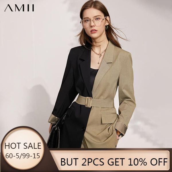 

amii minimalism spring women's suit offical lady patchwork single breasted women blazer solid belt pants 12130079 two piece, White