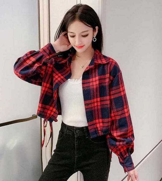 

women's jackets 2021 spring autumn basic jacket korean version drawstring long-sleeved plaid shirt short simple cardigan top, Black;brown