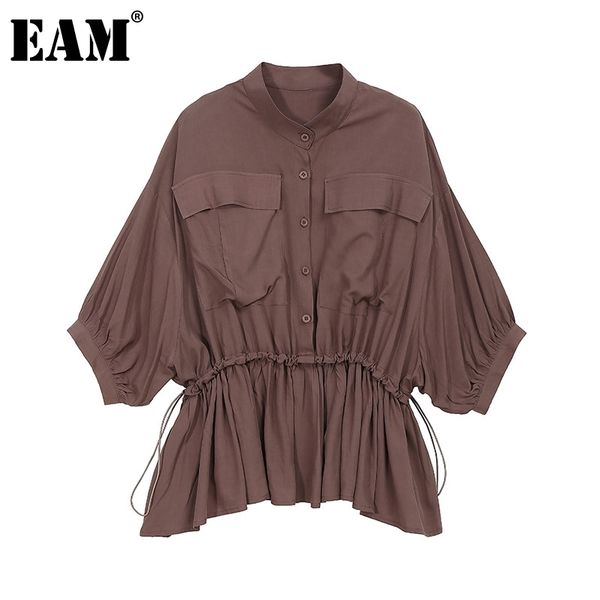 

[eam] women black drawstring irregular big size blouse lapel three-quarter sleeve shirt fashion spring summer 1dd8704 21512, White