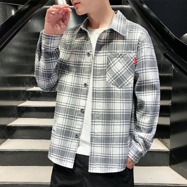 

men's casual shirts plaid shirt long sleeve fashion with handsome jacket loose hong kong style ruffian coat wear, White;black