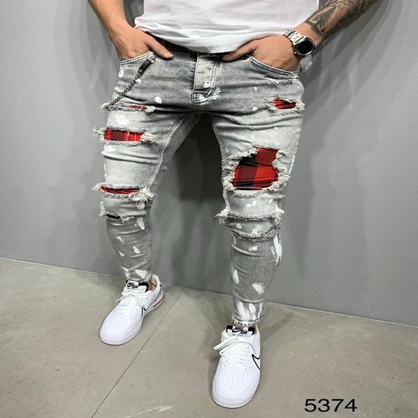 

70% off outlet online men's slim-fit ripped jeans painted patch beggar pants jumbo hip hop elastic force pencil, Blue