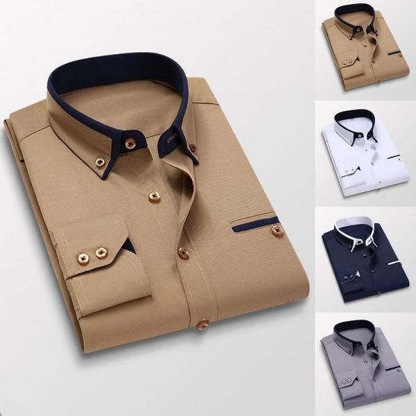 

men's dress shirts men shirt turn-down collar all match slim single-breasted business for work, White;black