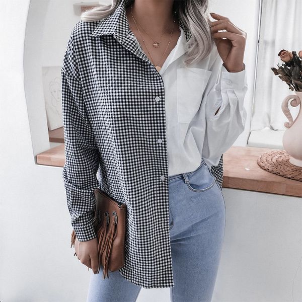 

women's blouses & shirts casual patchwork plaid shirt long sleeve single breasted female loose fashion women spring pocket jac, White