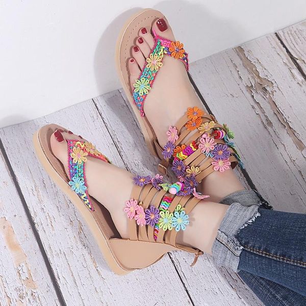 

sandals summer bohemian women shoes woman flat platform flip flops floral zip low heels plus size fashion ladies, Black
