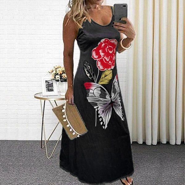 

casual dresses vintage summer maxi dress women's butterfly flower printed sling long tank elegant sleeveless party beach 2021, Black;gray