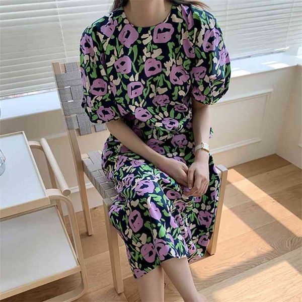 

female high street a-line dress summer o-neck puff sleeve sashes floral midi dresses slim chic wild vestidos 210531, Black;gray