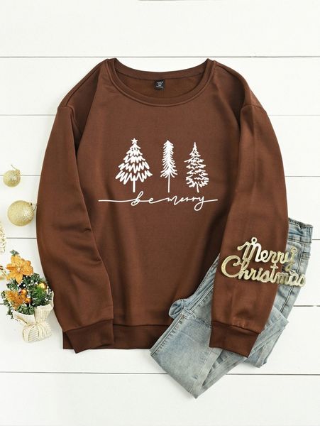 

plus christmas letter & tree print thermal pullover o2sb#, Black