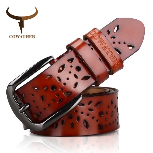 

cowather new genuine leather jeans belts for women hollow pressed flower luxury strap female belt gun gray buckle 210326, Black;brown