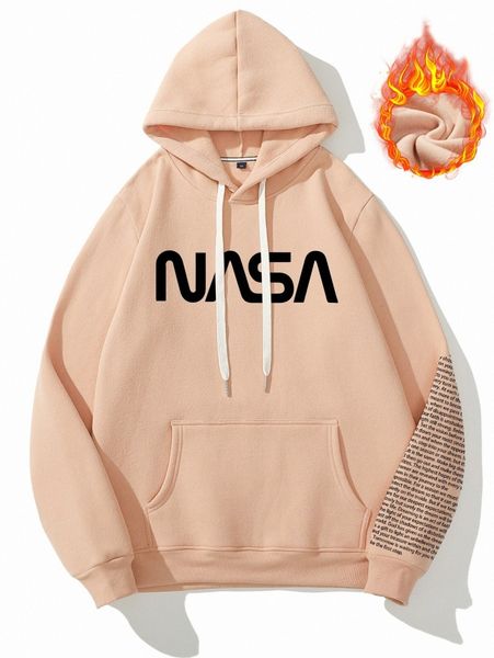 

men slogan graphic kangaroo pocket drawstring thermal hoodie 10rz#, Black