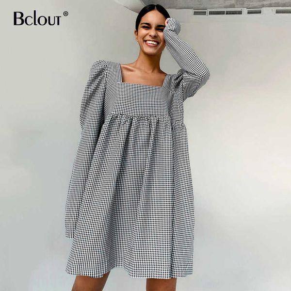 Bclout Schwarz Weiß Plaid Kleid Vintage Puff Sleeve Mini Kleid Frau Herbst Quadrat Kragen Casual Dame Vestido Zipper Sexy 210706